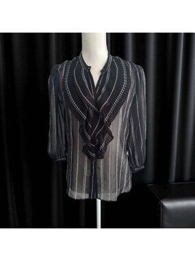 WHITE HOUSE BLACK MARKET WHBM Black White Striped Sheer Ruffle Blouse Size S